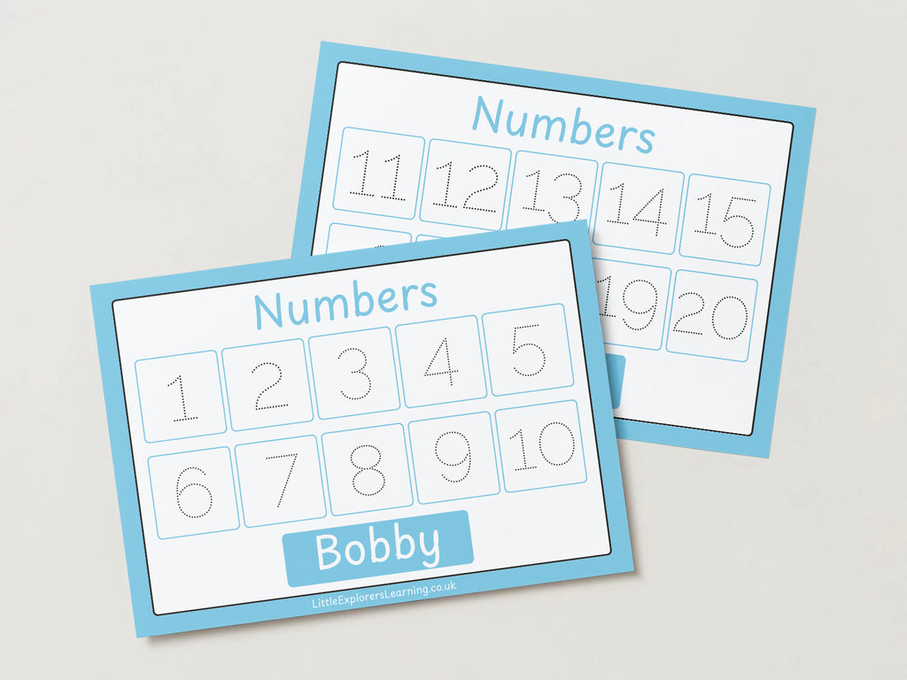 Personalised Blue Numbers 1-20 Wipe Clean Learning Mats (2 pack)