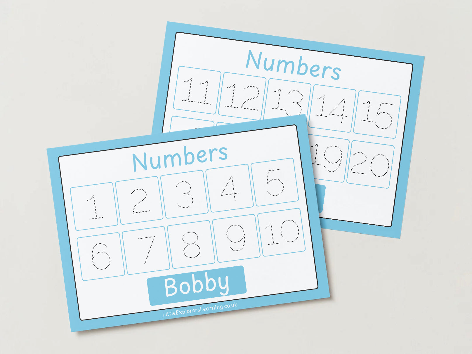 Personalised Blue Numbers 1-20 Wipe Clean Learning Mats (2 pack)
