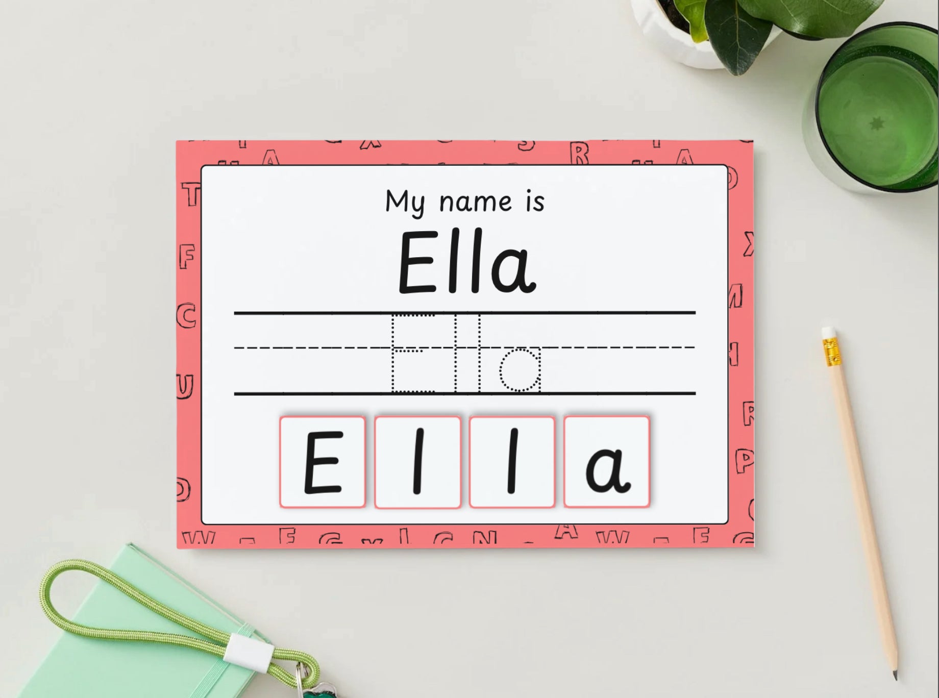 Personalised Velcro Name Tracing Wipe Clean Pink Mat