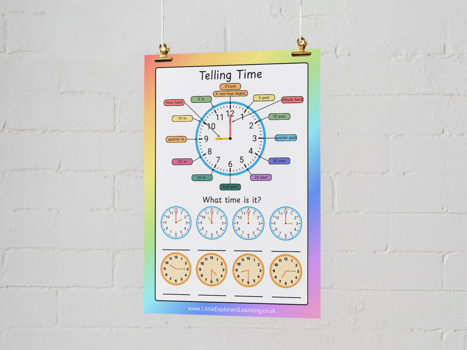 Telling Time Learning Mat – Printable or Laminated Wipe-Clean Clock Activity Sheet | Little Explorers