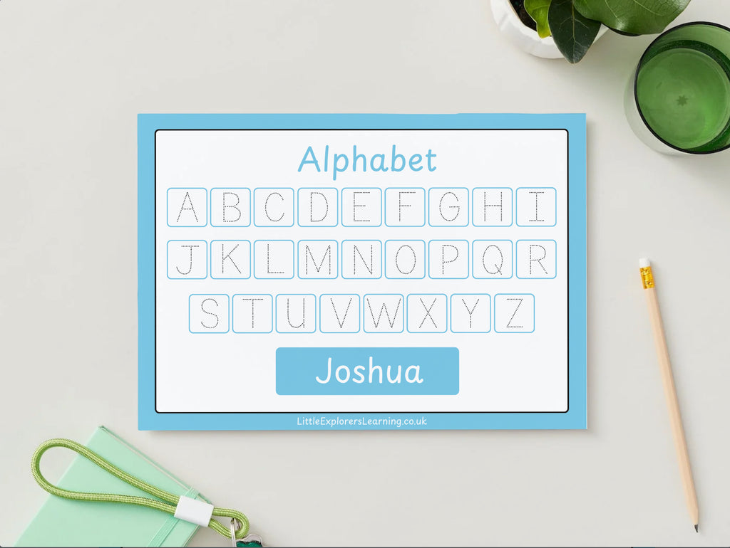 Personalised Blue Alphabet Upper & Lower case Wipe Clean Learning Mats (2 pack)