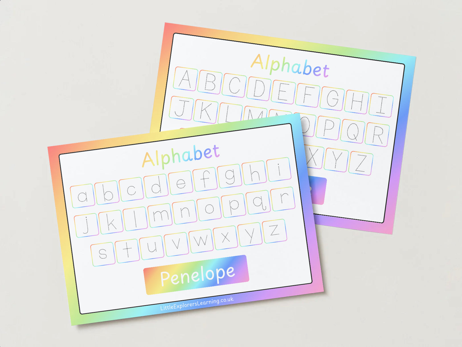 Personalised Rainbow Alphabet Upper & Lower case Wipe Clean Learning Mats (2 pack)
