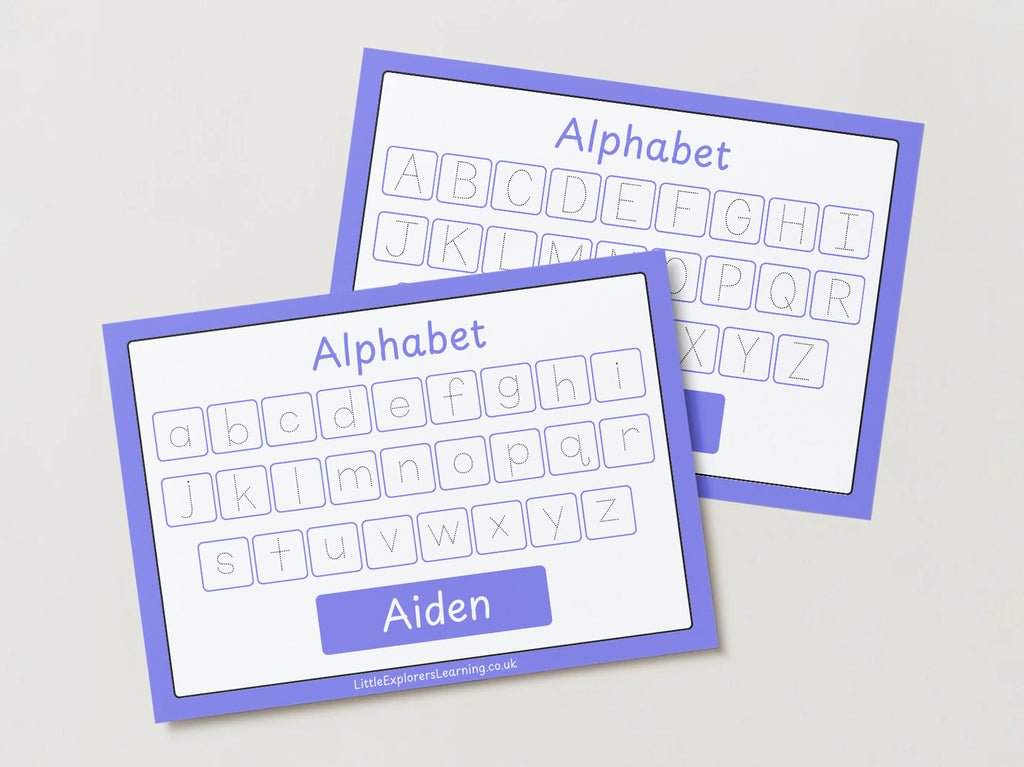 Personalised Purple Alphabet Upper & Lower case Wipe Clean Learning Mats (2 pack)