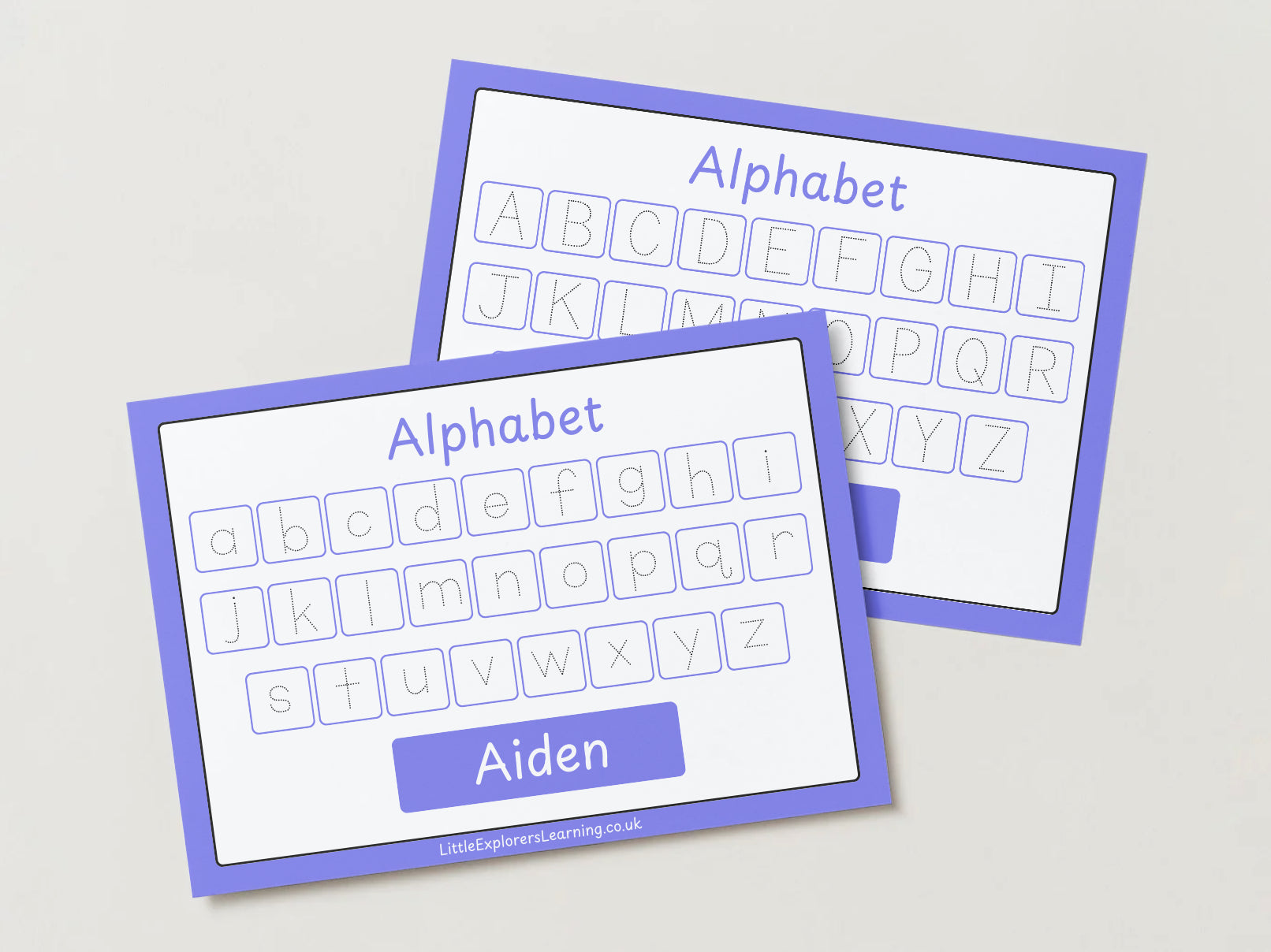 Personalised Purple Alphabet Upper & Lower case Wipe Clean Learning Mats (2 pack)