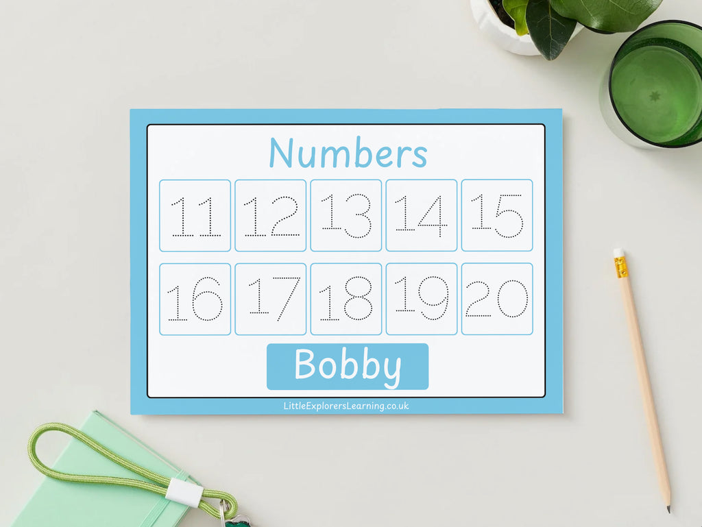 Personalised Blue Numbers 1-20 Wipe Clean Learning Mats (2 pack)