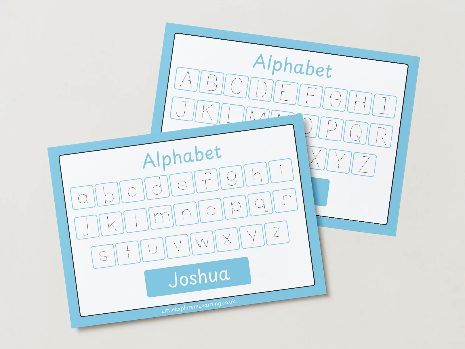 Personalised Blue Alphabet Upper & Lower case Wipe Clean Learning Mats (2 pack)