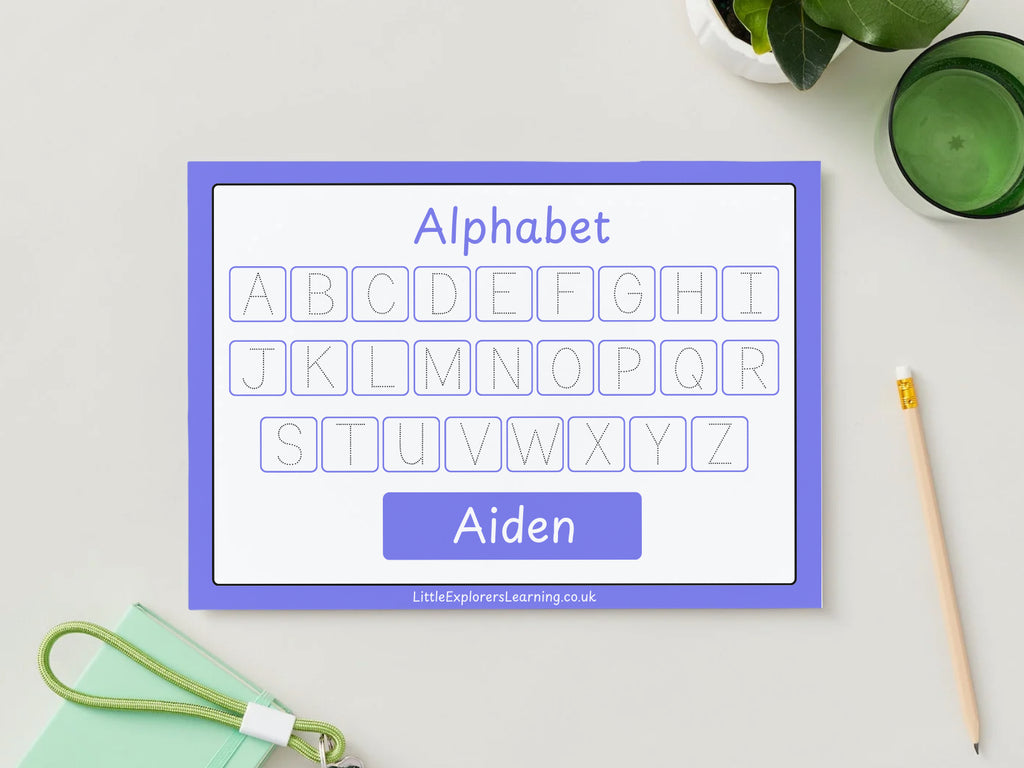 Personalised Purple Alphabet Upper & Lower case Wipe Clean Learning Mats (2 pack)