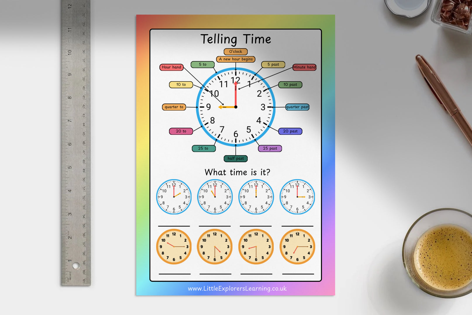 Telling Time Learning Mat – Printable or Laminated Wipe-Clean Clock Activity Sheet | Little Explorers