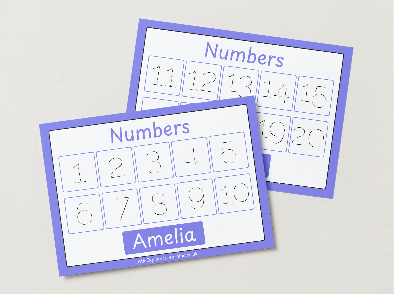 Personalised Purple Numbers 1-20 Wipe Clean Learning Mats (2 pack)