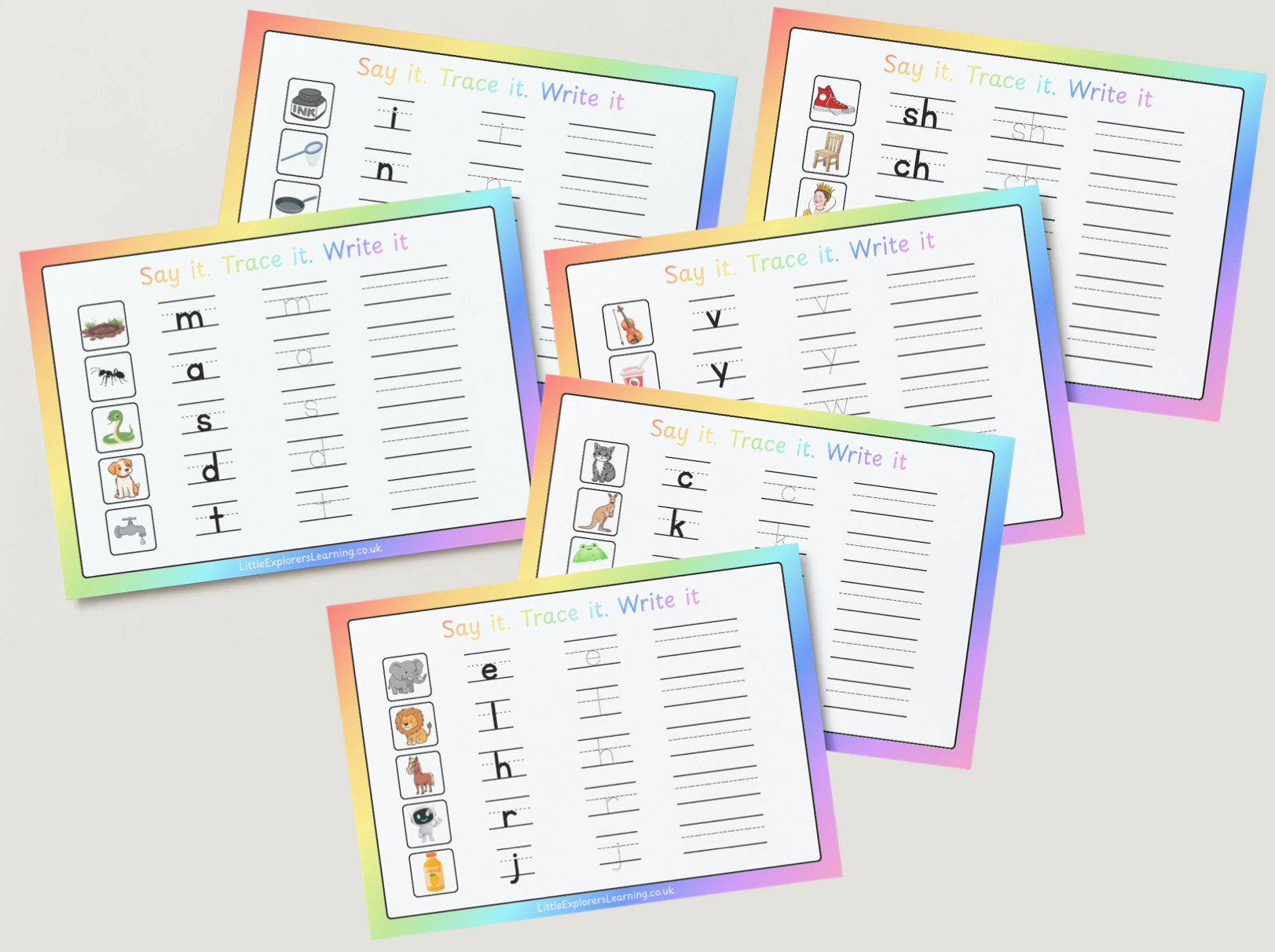 Phonics Set 1 – Read, Trace & Write Wipe-Clean Sheets (6 Sheet Pack) Pink