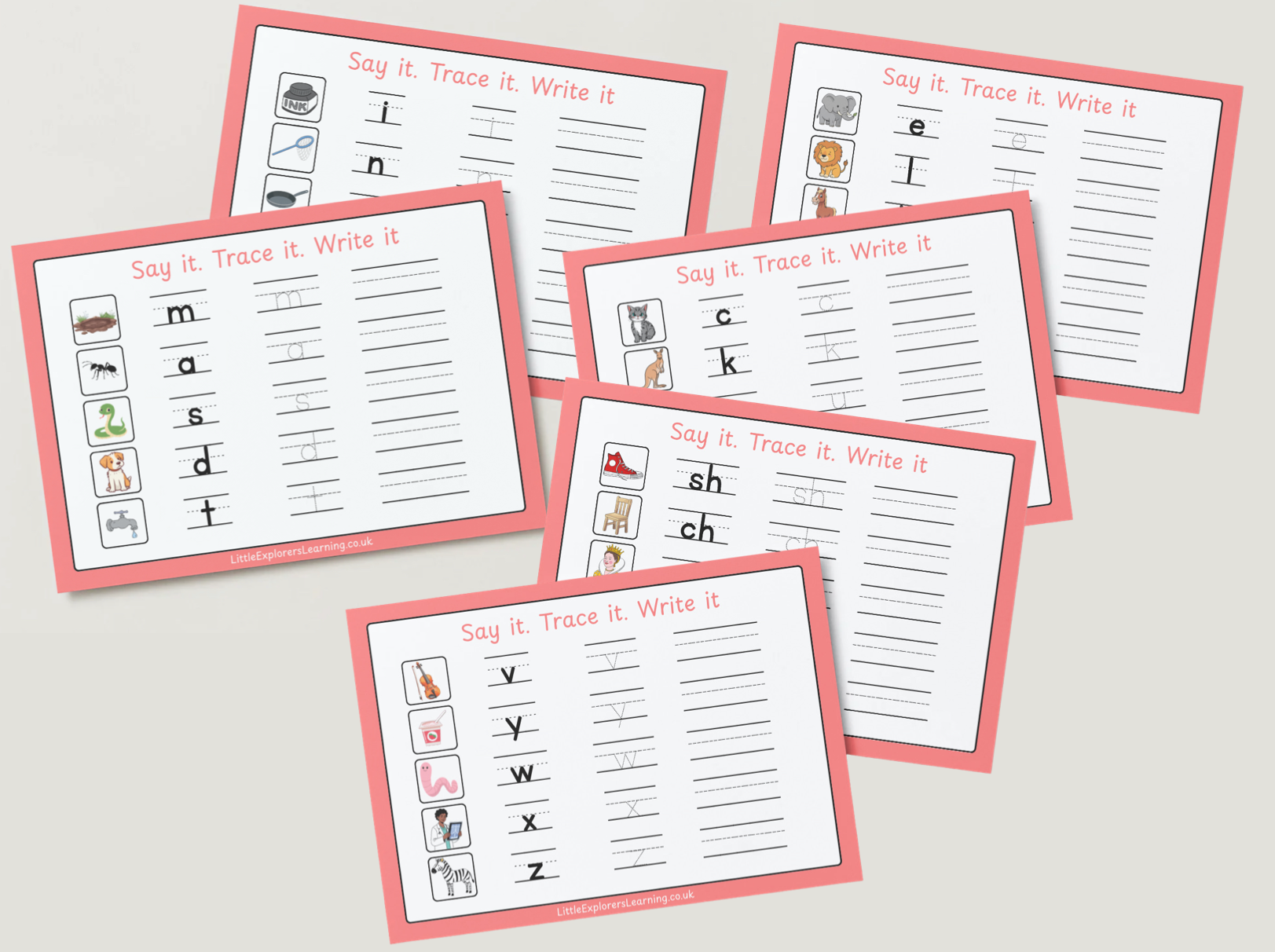 Phonics Set 1 – Read, Trace & Write Wipe-Clean Sheets (6 Sheet Pack) Pink