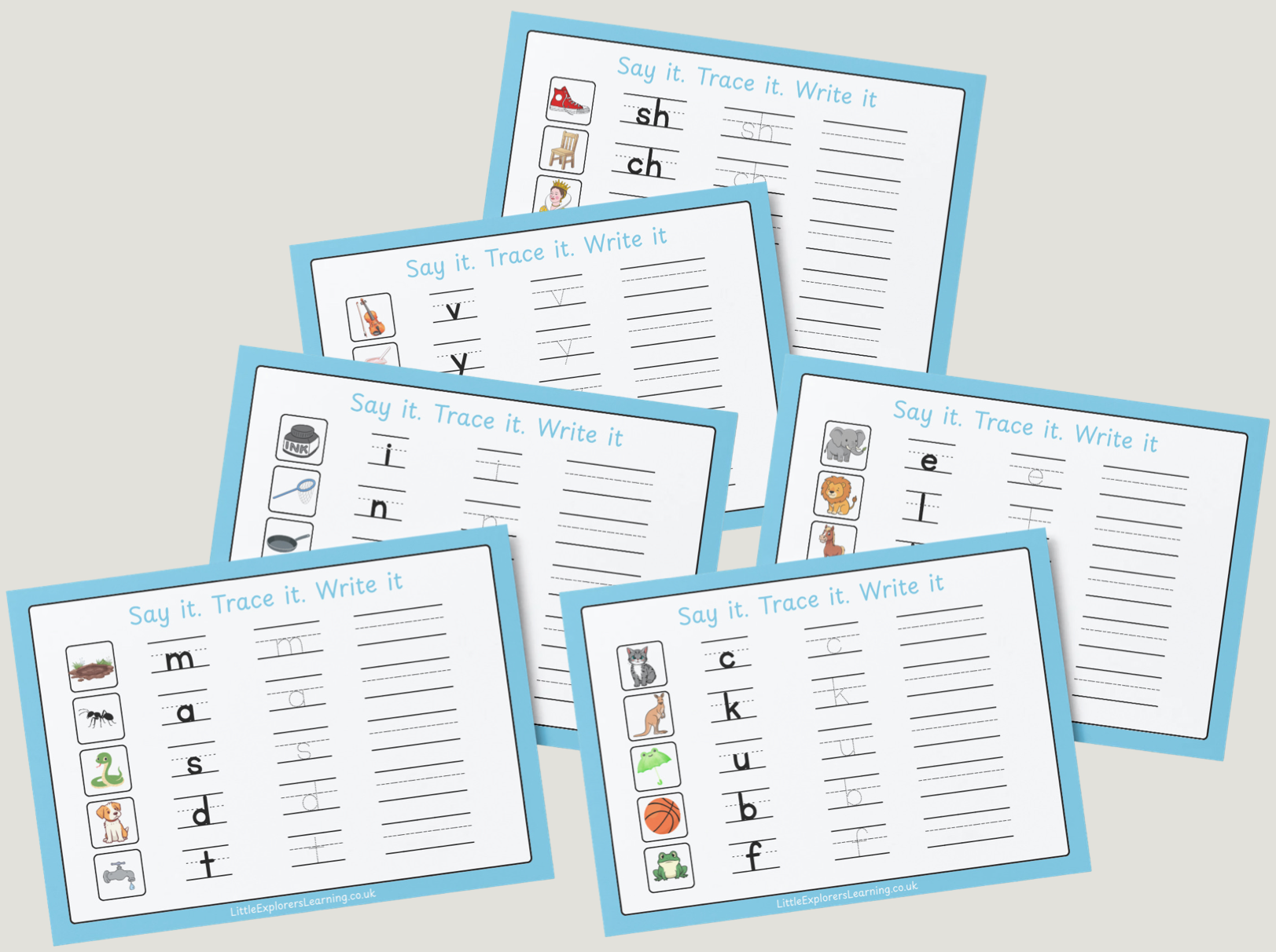 Phonics Set 1 – Read, Trace & Write Wipe-Clean Sheets (6 Sheet Pack) Pink