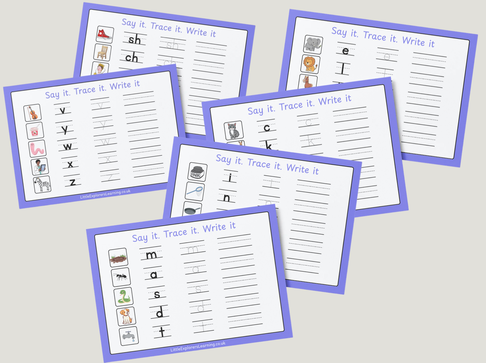 Phonics Set 1 – Read, Trace & Write Wipe-Clean Sheets (6 Sheet Pack) Pink